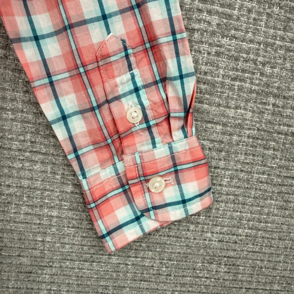 Janie and Jack Plaid Button‎ Down Shirt Coral Teal White Kids Boys Size 3